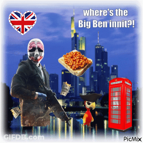 A Picture Of A Man With A Gun And A Red Telephone Booth With The Words Where 'S The Big Ben Innit On It GIF