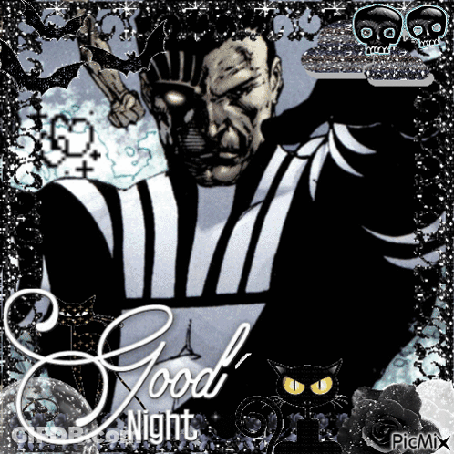 A Picture Of A Man With A Gun And The Words Good Night On It GIF