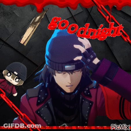 A Picture Of A Man With A Hat And The Words Goodnight In Red GIF