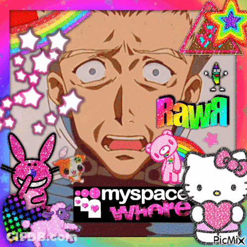 A Picture Of A Man With A Hello Kitty And A Rainbow Behind Him With The Words Myspace Where GIF