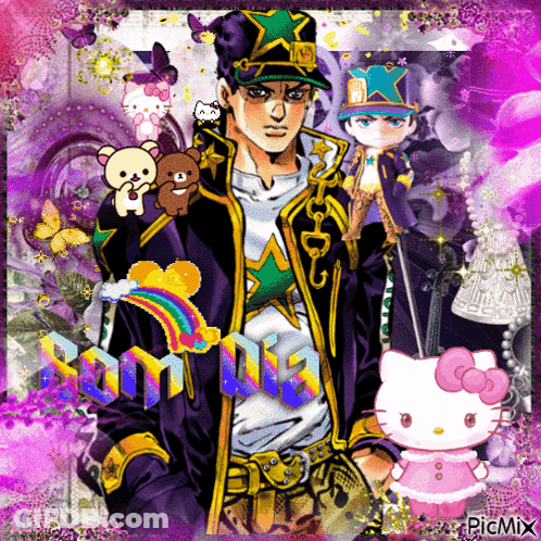 A Picture Of A Man With A Hello Kitty And A Rainbow GIF