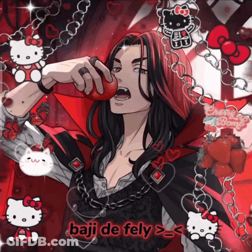 A Picture Of A Man With A Hello Kitty And Cherry Bomb Necklace GIF