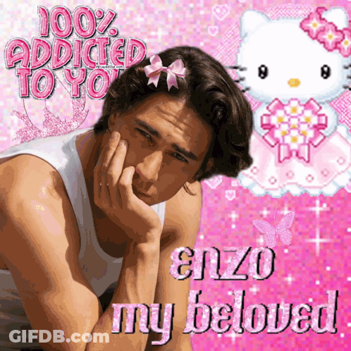 A Picture Of A Man With A Hello Kitty And The Words " 100 % Addicted To You " GIF