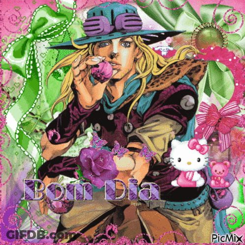 A Picture Of A Man With A Hello Kitty And The Words Bom Dia On The Bottom GIF
