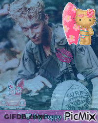 A Picture Of A Man With A Hello Kitty And The Words I Love My Puppy GIF