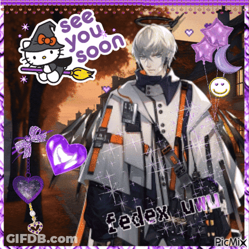 A Picture Of A Man With A Hello Kitty Sticker And The Words " See You Soon " GIF