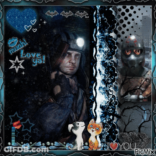 A Picture Of A Man With A Helmet And A Cat With The Words I Love You At The Bottom GIF