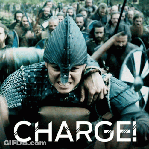 A Picture Of A Man With A Helmet And The Word Charge On It GIF
