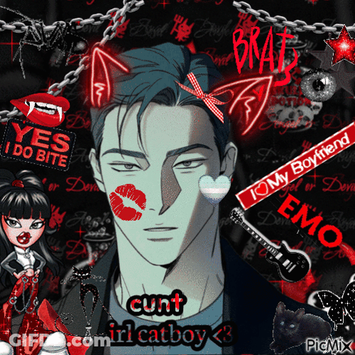 A Picture Of A Man With A Kiss On His Face And The Words " Cunt In Catboy " On The Bottom GIF
