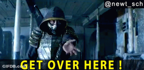 A Picture Of A Man With A Mask And The Words Get Over Here GIF