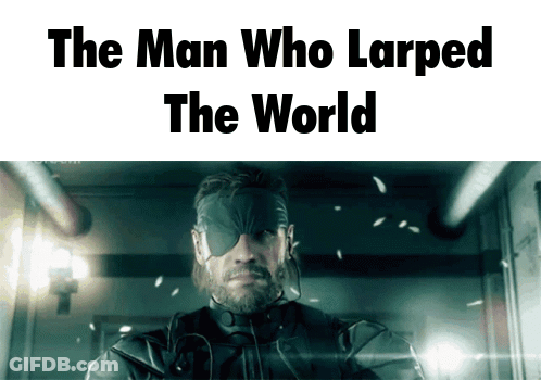 A Picture Of A Man With A Mask On His Eyes And The Words " The Man Who Larped The World " GIF