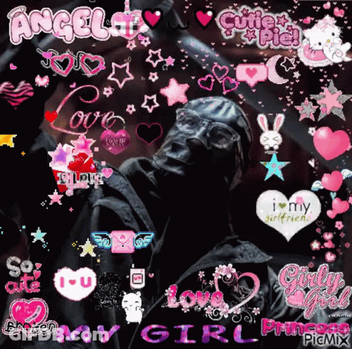 A Picture Of A Man With A Mask Surrounded By Pink And Purple Hearts And The Words Angel And Cutie Pie GIF