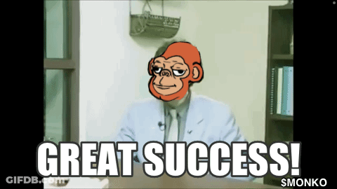 A Picture Of A Man With A Monkey On His Face And The Words Great Success GIF
