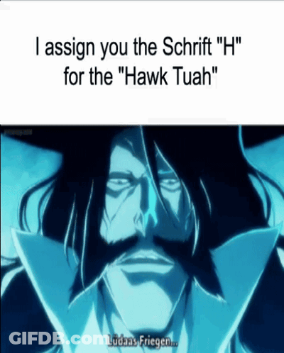A Picture Of A Man With A Mustache And The Words " I Assign You The Schrift " H " For The " Hawk Tuah " GIF