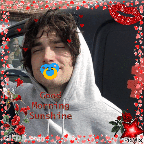 A Picture Of A Man With A Pacifier In His Mouth And The Words Good Morning Sunshine On The Bottom GIF