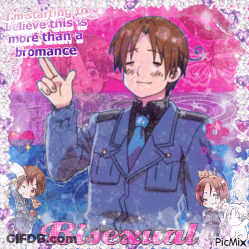 A Picture Of A Man With A Peace Sign And The Words Bisexual On The Bottom GIF