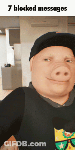 A Picture Of A Man With A Pig Nose And The Words 7 Blocked Messages Above Him GIF