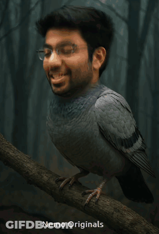 A Picture Of A Man With A Pigeon 'S Head And The Words Nemo Originals On The Bottom GIF