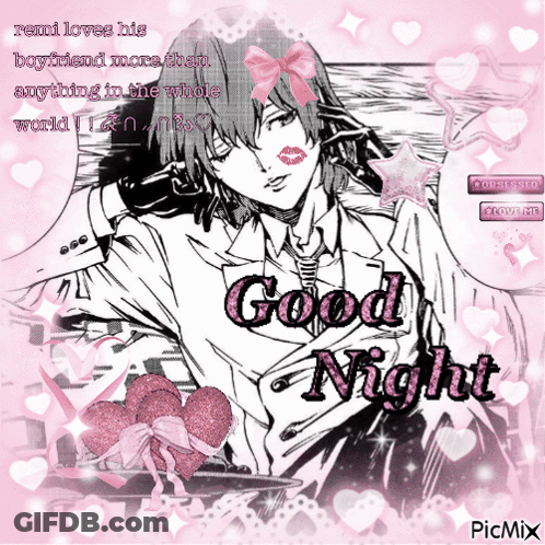 A Picture Of A Man With A Pink Bow And The Words Good Night On It GIF