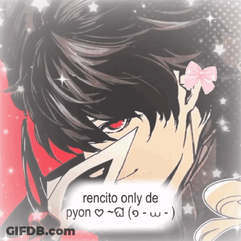 A Picture Of A Man With A Pink Bow On His Ear And The Words " Rencito Only De Pyon " GIF