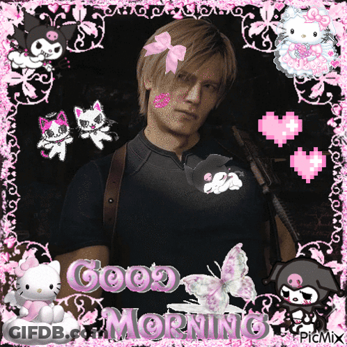 A Picture Of A Man With A Pink Bow On His Head And The Words Good Morning GIF