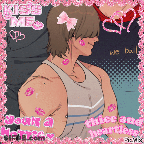 A Picture Of A Man With A Pink Bow On His Head And The Words " Kiss Me Your A Hottie " GIF