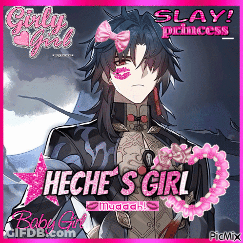 A Picture Of A Man With A Pink Bow On His Head And The Words " Slay Princess " GIF