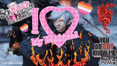 A Picture Of A Man With A Pink Heart That Says " I Love My Boyfriend " GIF