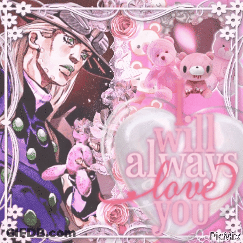 A Picture Of A Man With A Pink Heart That Says ' Will Always Love You ' GIF