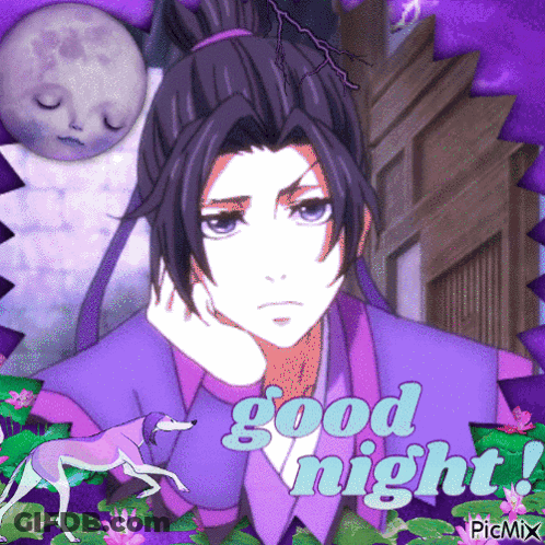 A Picture Of A Man With A Ponytail And The Words Good Night On It GIF