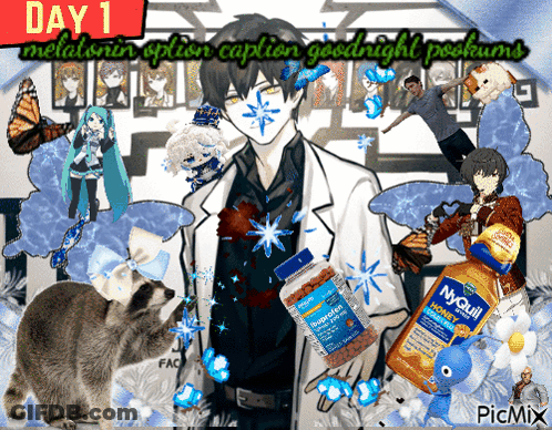 A Picture Of A Man With A Raccoon And A Bottle Of Myquil GIF