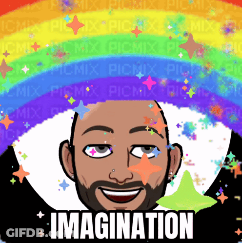 A Picture Of A Man With A Rainbow Behind Him And The Words Imagination On The Bottom GIF