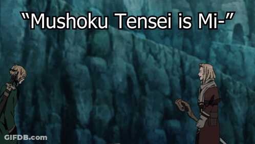 A Picture Of A Man With A Scarf Around His Neck And The Words " Mushoku Tensei Is Mi " GIF