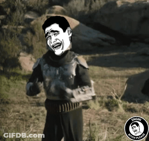 A Picture Of A Man With A Sngmi Bitch Please Logo On The Bottom GIF
