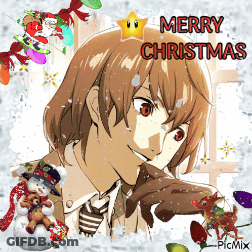 A Picture Of A Man With A Star On His Head And The Words Merry Christmas On The Bottom GIF