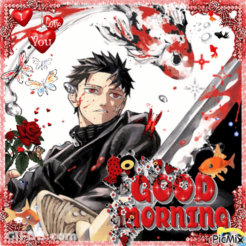 A Picture Of A Man With A Sword And The Words Good Morning On The Bottom GIF