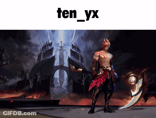 A Picture Of A Man With A Sword And The Words Ten_yx GIF