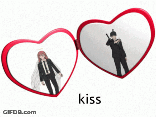 A Picture Of A Man With A Sword In A Heart Shaped Mirror With The Word Kiss Below It GIF