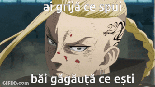 A Picture Of A Man With A Tattoo On His Forehead And The Words Ai Grija Ce Spui GIF