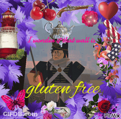 A Picture Of A Man With A Teapot On His Head And The Words Gluten Free On The Bottom GIF
