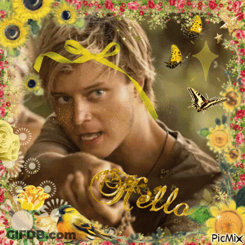 A Picture Of A Man With A Yellow Ribbon Around His Head Has The Word Hello Written On It GIF