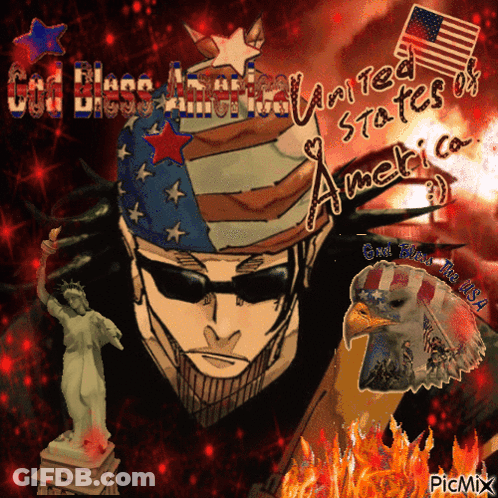 A Picture Of A Man With An American Flag On His Head With The Words God Bless America United States Of America GIF