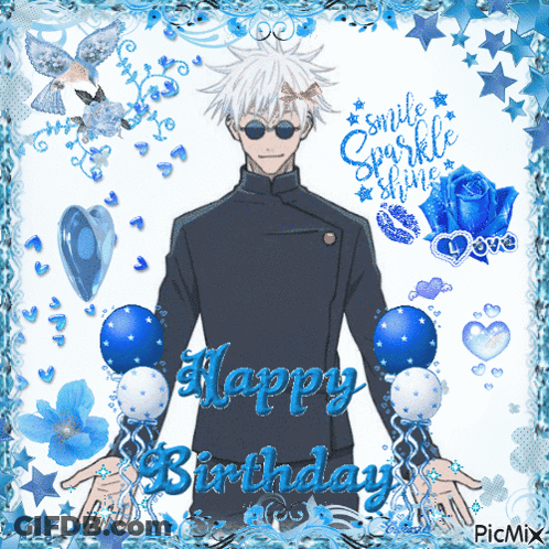 A Picture Of A Man With Balloons And The Words " Happy Birthday " GIF