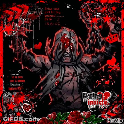 A Picture Of A Man With Blood Coming Out Of His Eyes With The Words Dying Inside On The Bottom GIF