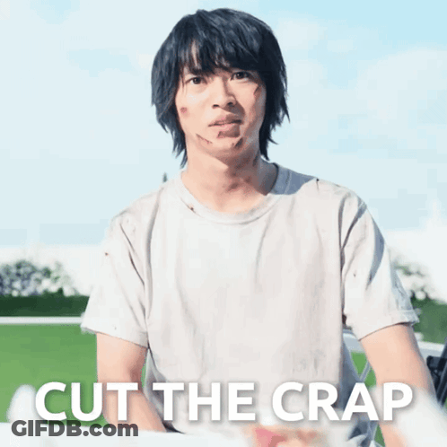 A Picture Of A Man With Blood On His Face And The Words Cut The Crap GIF