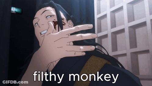 A Picture Of A Man With Blood On His Face And The Words Filthy Monkey On The Bottom GIF