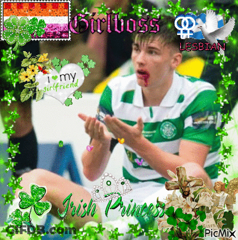 A Picture Of A Man With Blood On His Face With The Words Girlboss Lesbian Irish Princess On The Bottom GIF