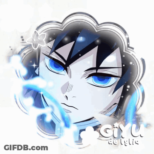 A Picture Of A Man With Blue Eyes And The Name Giyu GIF