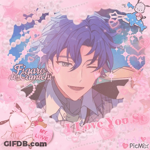 A Picture Of A Man With Blue Hair And The Words " I Love You " GIF