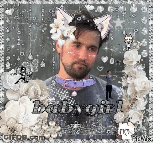 A Picture Of A Man With Cat Ears And The Word Babygirl On The Bottom GIF